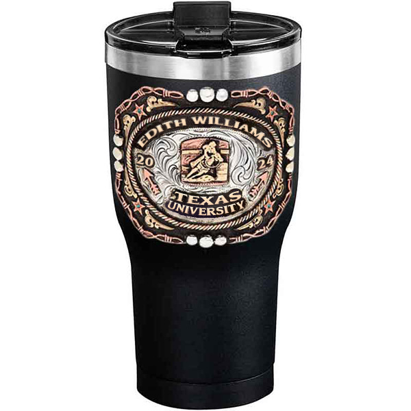 A customized tumbler made of stainless steel with a personalized engraved name and Texas University lettering with barrel racing figure, 30 oz, ideal for coffee or cool drinks